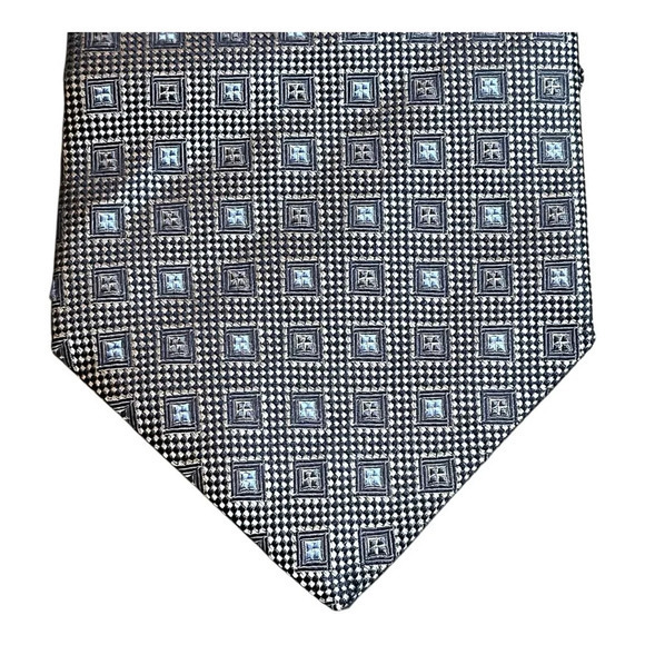 Foggia Handmade 100% Silk Tie Gray Blue‎ Square Pattern Necktie - Picture 1 of 9